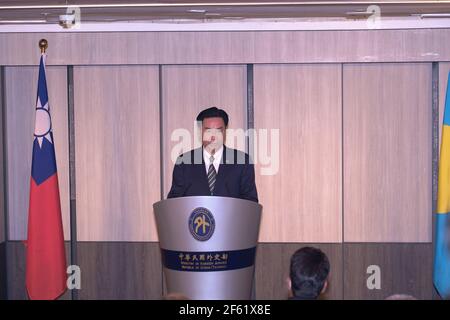 Taipei, Taiwan. 29th Mar, 2021. Joseph Wu, Taiwanese Minister of Foreign Affairs speaks during a press conference held by the Taiwanese ministry of foreign affairs (MOFA) Taipei.Palau President is in Taiwan for a five-day visit from 28 March to 01 April to launch a 'travel bubble', allowing travel between Taiwan and Palau with fewer COVID-19 restrictions. Credit: SOPA Images Limited/Alamy Live News Stock Photo