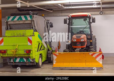 Small snow plow tractor. Snow Cleaner. Winter road works. Snowblower Stock  Photo - Alamy