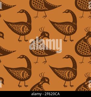 Stylized bird seamless vector pattern background. Mix of folk art and ancient Greece style ochre burnt siena backdrop. Historical effect geometric Stock Vector