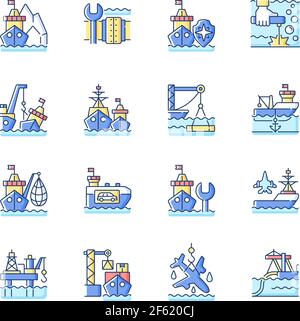 Marine industry RGB color icons set Stock Vector