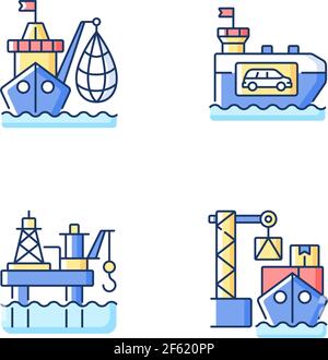 Marine industry sector RGB color icons set Stock Vector