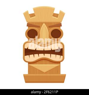 Wooden tiki mask, hawaiian symbol in cartoon style, textured and detailed isolated on white background stock vector illustration. Totem, tribal ethnic Stock Vector