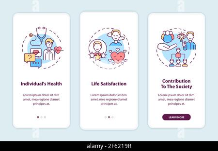 Positive adult development effects onboarding mobile app page screen with concepts Stock Vector