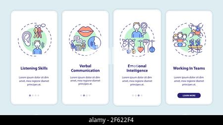Interpersonal skill self assessment categories onboarding mobile app page screen with concepts Stock Vector