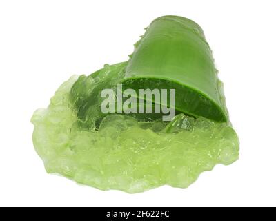 Cutted aloe vera leaves with green aloe gel  isolated on white background Stock Photo