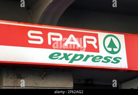 Cracow. Krakow. Poland. Spar Express grocery store logo on the facade of the shop. Stock Photo