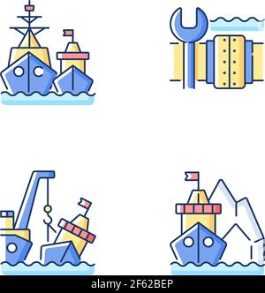 Maritime structures and regulation RGB color icons set Stock Vector