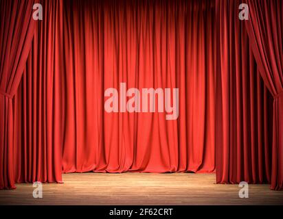 red velvet curtains and wooden floor. celebration concept. 3d render. Stock Photo