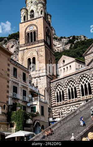 9th century Roman Catholic Amalfi Cathedral, Pizza del Duomo, Church bell tower, Amalfi, Italy Stock Photo