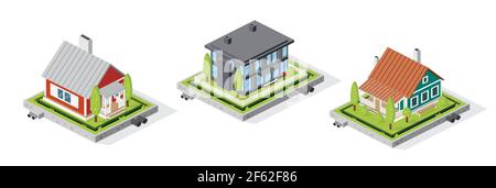 Residential House Buildings Set Isolated on White. Isometric Concept. Country Real Estate. Vector Illustration. Stock Vector