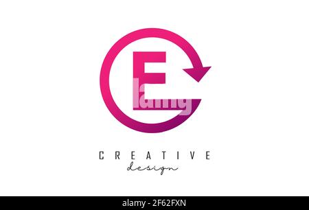 Pink E letter logo design with circle frame and arrow. Creative vector illustration with pink color and letter E. Stock Vector