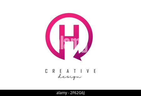 Pink H letter logo design with circle frame and arrow. Creative vector illustration with pink color and letter H. Stock Vector