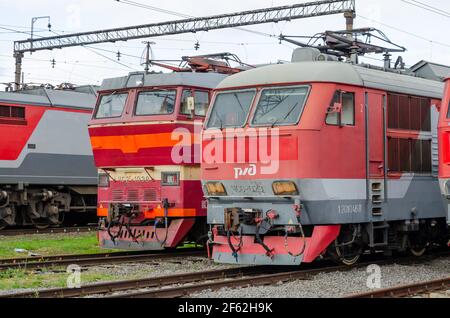 Electric locomotives EP2K rzd Russia railway roads in the parking lot. Russia, Saint-Petersburg, 27 august 2017 Stock Photo