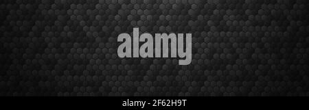 Hexagon abstract background. Black metal texture with 3d cells effect. Dark industrial banner with shadow. Wide futuristic carbon backdrop. Vector Stock Vector