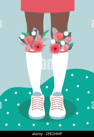Female legs in sneakers and high socks with flowers on blooming field Stock Vector