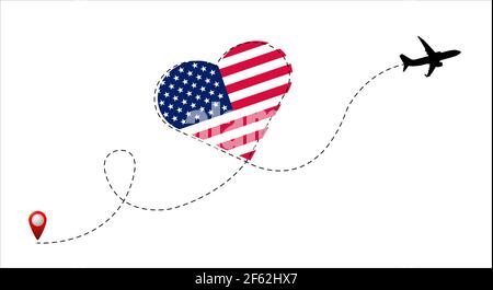 Airplane flight route with the USA flag inside the heart. Travel to your beloved country. Vector flat illustration. Stock Vector