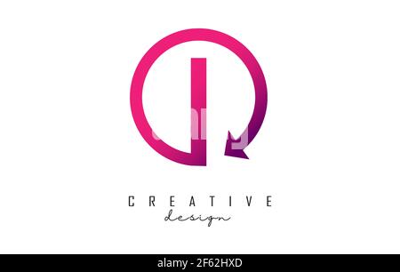Pink I letter logo design with circle frame and arrow. Creative vector illustration with pink color and letter I. Stock Vector