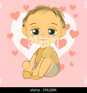 Little child. Boy. Sits playing indulges. Cheerful kind funny. Cartoons flat style. Preschool age. Childhood Vector. Stock Vector