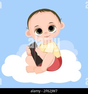 Little child. Boy. Sits playing indulges. Cheerful kind funny. Cartoons flat style. Preschool age. Childhood Vector. Stock Vector