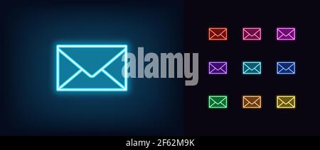 Neon mail envelope icon. Glowing neon email sign, incoming message silhouette in vivid colors. Personal mail, private online message, mobile notificat Stock Vector