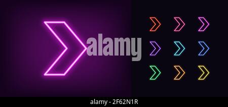 Neon arrow icon. Glowing neon motion sign, outline arrow pointer silhouette in vivid colors. Arrowhead and cursor navigation, movement direction, moti Stock Vector