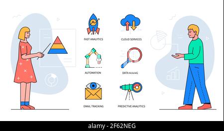 Data analysis - colorful flat design style poster with line elements and thematic icons. Colleagues showing diagrams. Fast analytics, cloud services, Stock Vector