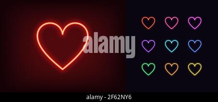Neon heart suit icon. Glowing neon hearts sign, outline card suit symbol and silhouette in vivid colors. Poker playroom, card game and trick, poker to Stock Vector