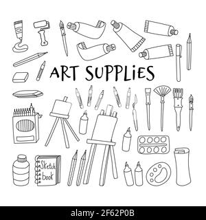 Set of hand drawn doodle cute artist things. Vector isolated outline  elements onn white background. Brushes, pencils, paints, sketchbook. Sketch  design. Perfect for coloring pages, stickers, tatoo 26340118 Vector Art at  Vecteezy