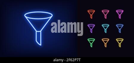 Neon sales funnel icon. Glowing neon funnel sign, outline conversion tool in vivid colors. Automatic sales flow, marketing tool, metric, data pipeline Stock Vector