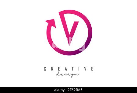 Pink V letter logo design with circle frame and arrow. Creative vector illustration with pink color and letter V. Stock Vector