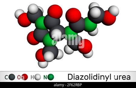 Diazolidinyl urea molecule. It is antimicrobial preservative. Is used in many cosmetics. Molecular model. 3D rendering. 3D illustration Stock Photo