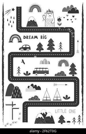 Bream Big, Little One - cute kids poster, mat or tapestry in Scandinavian style. Road, Mountains and Woods Adventure Map. Nursery Monochrome black and Stock Vector