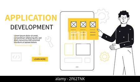 Web development - modern flat design style illustration with copy space for text. A composition with a programmer placing a webpage on a smartphone, c Stock Vector