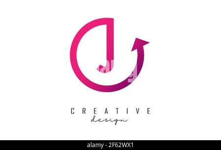 Pink J letter logo design with circle frame and arrow. Creative vector illustration with pink color and letter J. Stock Vector
