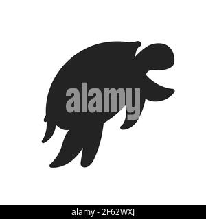 Black isolated silhouette of a sea turtle on a white background. Side ...