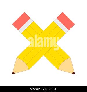 Two crossed yellow pencils with rubber eraser icon Stock Vector