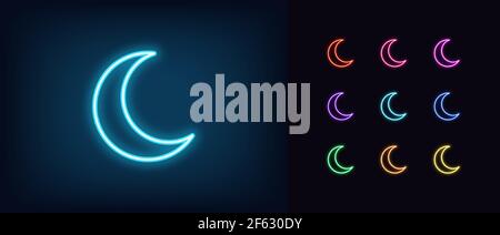 Neon crescent icon. Glowing neon crescent sign, outline moon symbol and silhouette in vivid colors. Lunar night, sleep time, moonlight, night dream. V Stock Vector