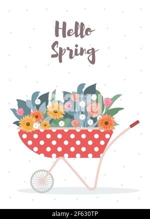 Bouquet of garden flowers in red polka dot wheelbarrow on dotted white background Stock Vector