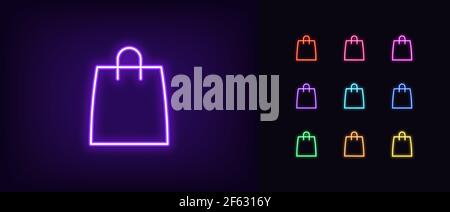 Neon shop bag icon. Glowing neon bag sign, outline silhouette in vivid colors. Online store, internet purchase, online shopping, gift package. Vector Stock Vector