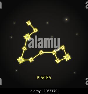 Neon Pisces zodiac sign on dark background. Shining constellation in the night sky. Vector illustration. Stock Vector