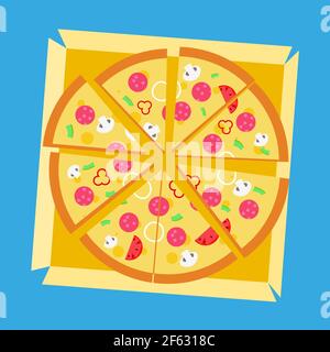 Pizza in a paper box. Slice of pizza, vegetarian slice. Food menu illustration isolated. vector pizza .Vector illustration Stock Vector