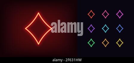 Neon diamond suit icon. Glowing neon diamonds sign, outline card suit symbol and silhouette in vivid colors. Poker playroom, card game and trick, poke Stock Vector