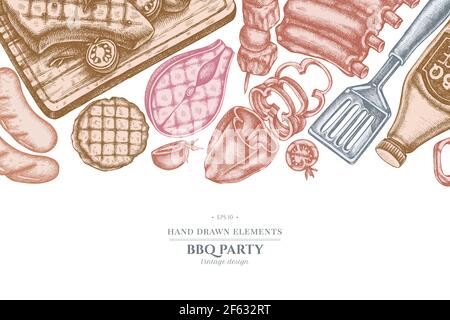 Design with pastel colored spatula, Pork ribs, kebab, sausages, steak, sauce bottles, grilled burger patties, grilled tomato, grilled salmon steak Stock Vector