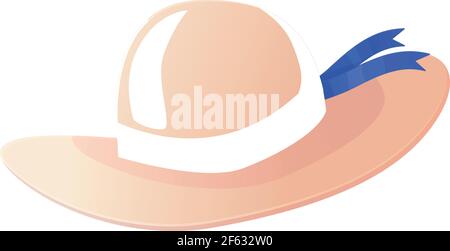 Retro woman straw beach hat with blue ribbon icon. Tropical sun protection accessories, sea or ocean travel concept Stock Vector