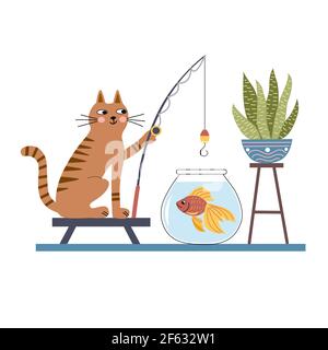 Cute cat with a fishing rod aquarium with goldfish Stock Vector
