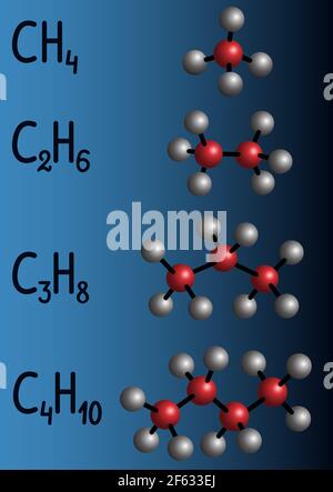 Chemical formula and molecule model methane (CH4), ethane (C2H4), propane (C3H8), butane (C4H10) on dark blue background. Homologous series of alkanes Stock Vector