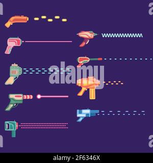 Cartoon set of futuristic colorful blaster with ray. Stock Vector