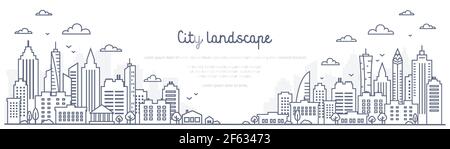 Cityscape line panorama - urban landscape in linear style on white background. Thin line vector illustration Stock Vector