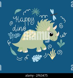 Cute dinosaur with the inscription - happy dino Stock Vector