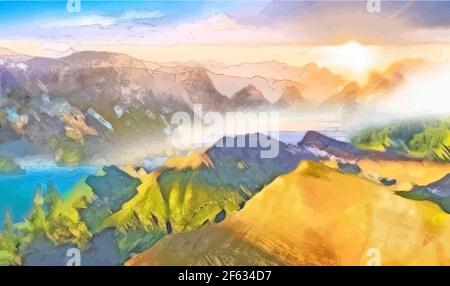 landscape, mountains, lake and sunset, painted on canvas with acrylic. Vector illustration Stock Vector